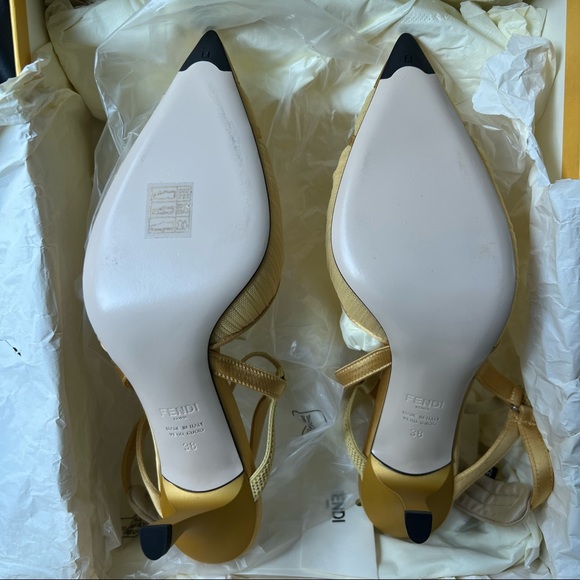 💯 Authentic New FENDI Tulle And Satin High-Heeled Slingbacks Sunflower Color - Picture 5 of 8